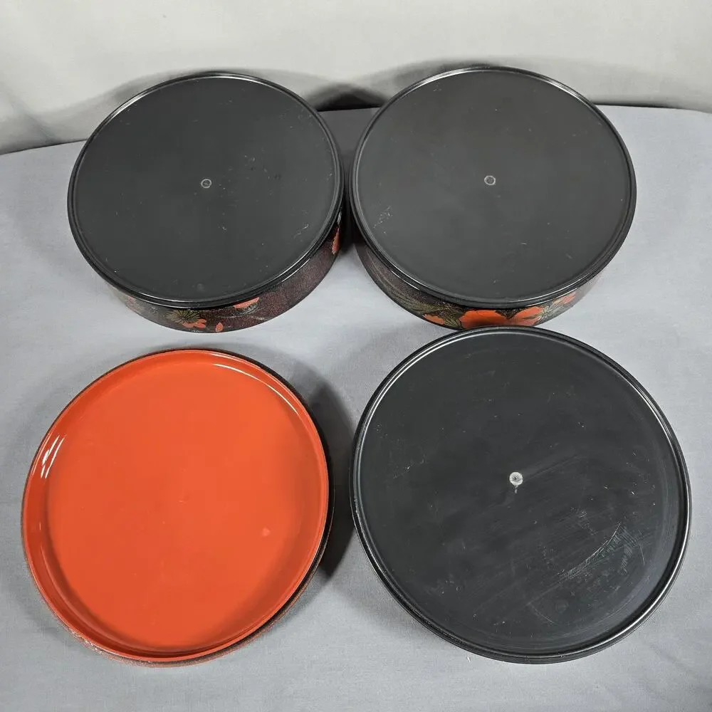 Japanese Lacquer Style Stacking Box Set Floral 3 Tier Red Black Decorative Round